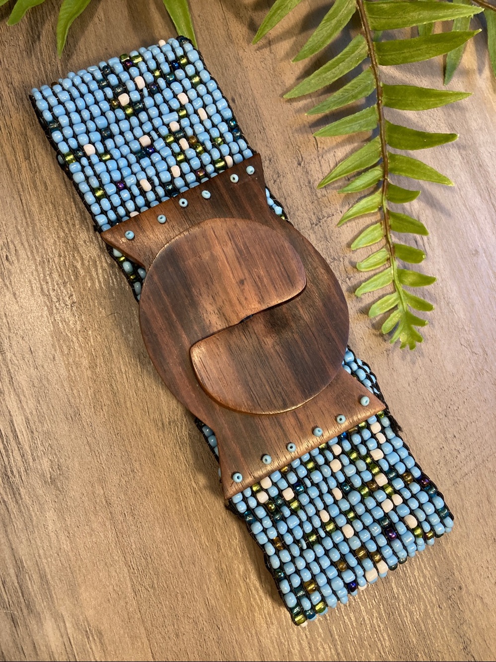 Wide Beaded Stretch Belt With Wooden Buckle Earthy Boho Western Chic